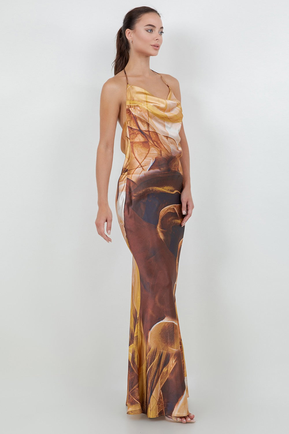printed satin halter sleeveless maxi dress