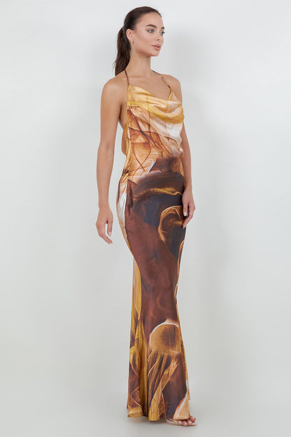 printed satin halter sleeveless maxi dress