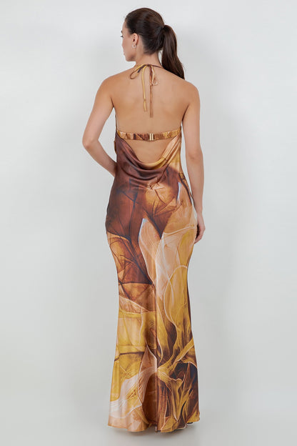 printed satin halter sleeveless maxi dress
