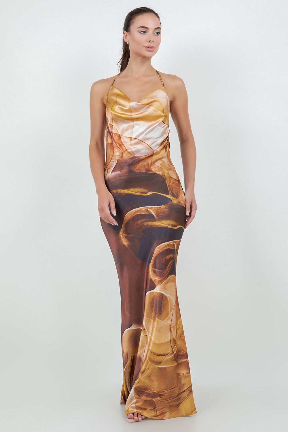 printed satin halter sleeveless maxi dress