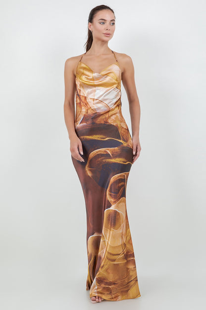 printed satin halter sleeveless maxi dress