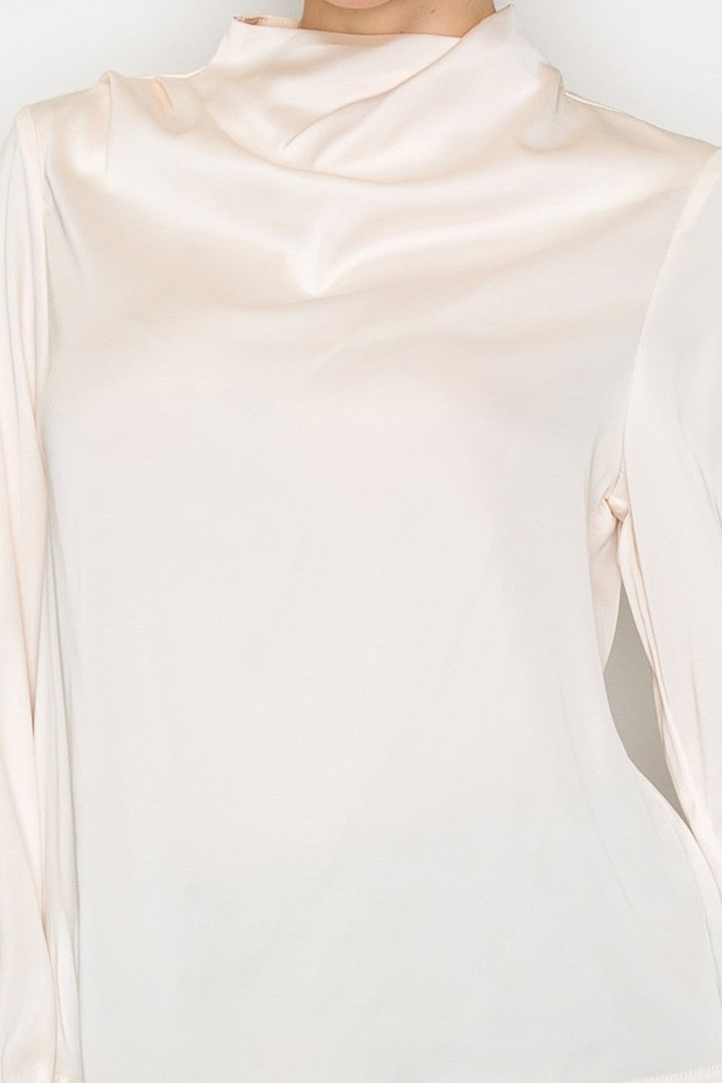 Satin Drape Mock Neck Long Sleeve Top