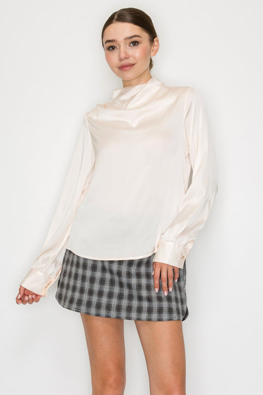 Satin Drape Mock Neck Long Sleeve Top