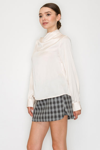 Satin Drape Mock Neck Long Sleeve Top