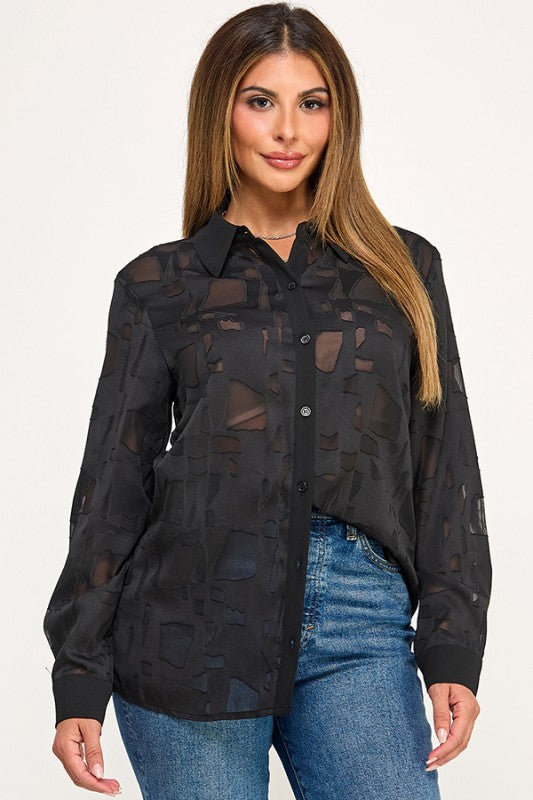 sheer geo pattern button up top