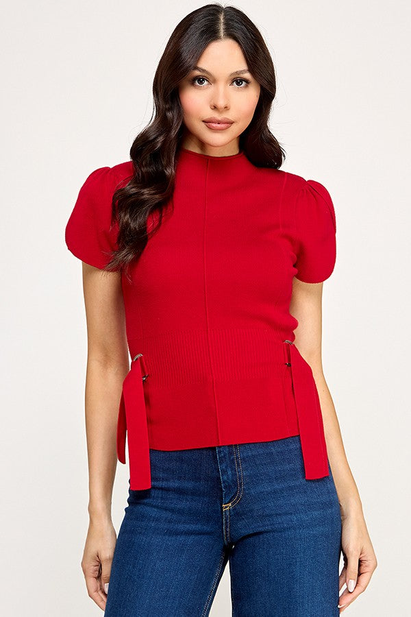 Tulip Sleeve Mock Neck Sweater with Side Belt