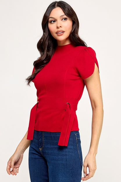 Tulip Sleeve Mock Neck Sweater with Side Belt