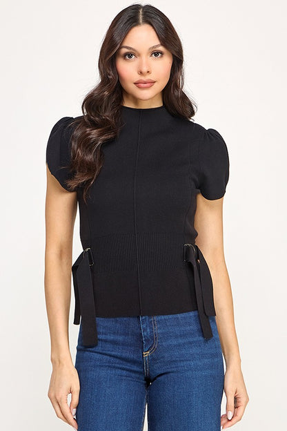 Tulip Sleeve Mock Neck Sweater with Side Belt
