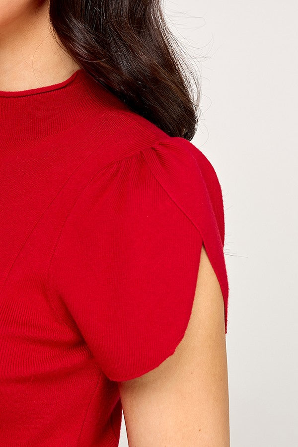 Tulip Sleeve Mock Neck Sweater with Side Belt