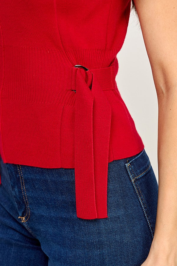 Tulip Sleeve Mock Neck Sweater with Side Belt
