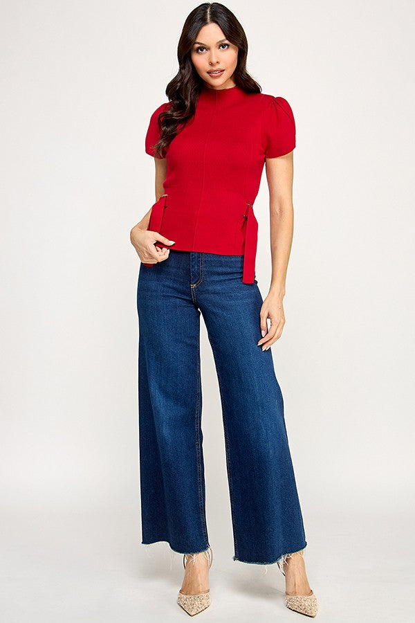 Tulip Sleeve Mock Neck Sweater with Side Belt