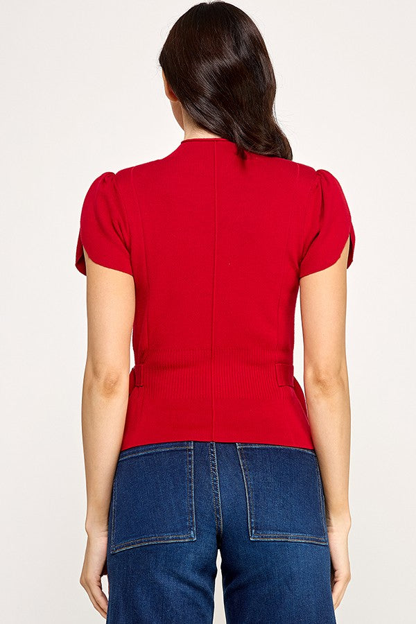 Tulip Sleeve Mock Neck Sweater with Side Belt