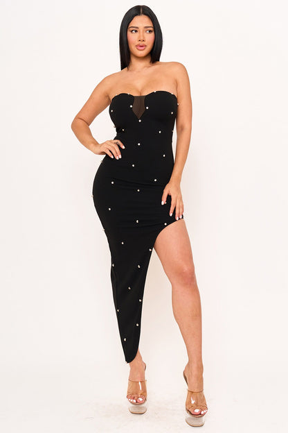 strapless rhinestone studded diagonal hem dress