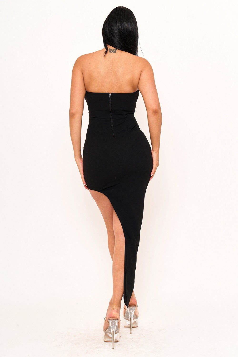 strapless rhinestone studded diagonal hem dress