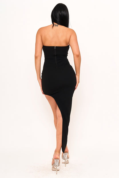 strapless rhinestone studded diagonal hem dress