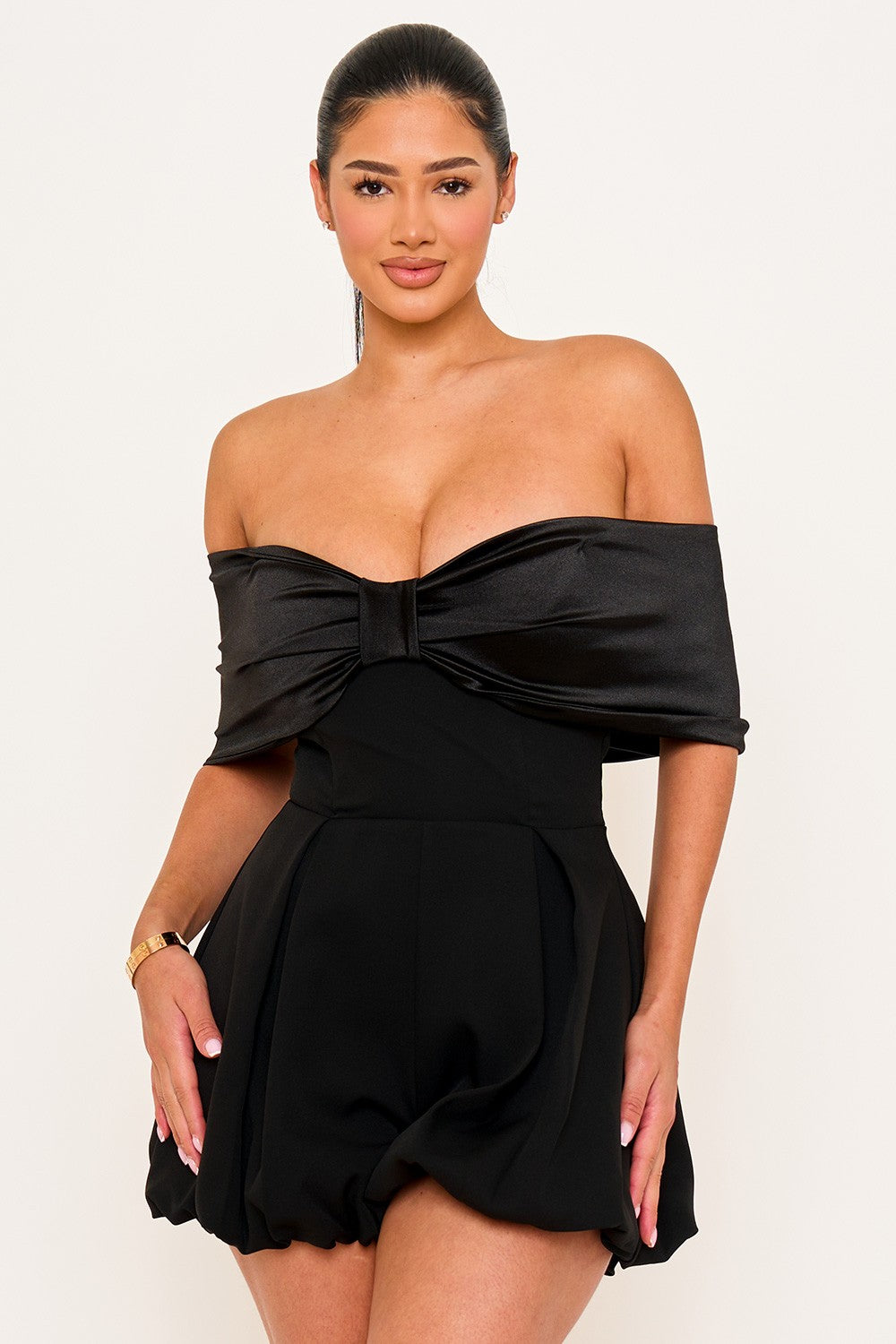 Satin Large Bow Front Off The Shoulder Romper