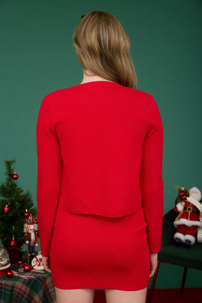 Diamond Pattern Bow Detail Long Sleeve Knit Cardigan