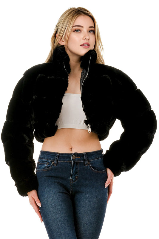 Cropped Faux Fur Puffer Jack With High Neck
