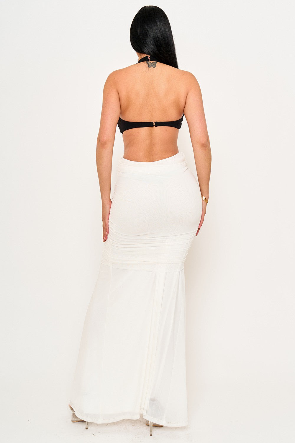 Two Tone Contrast Open Back Maxi Halter Dress