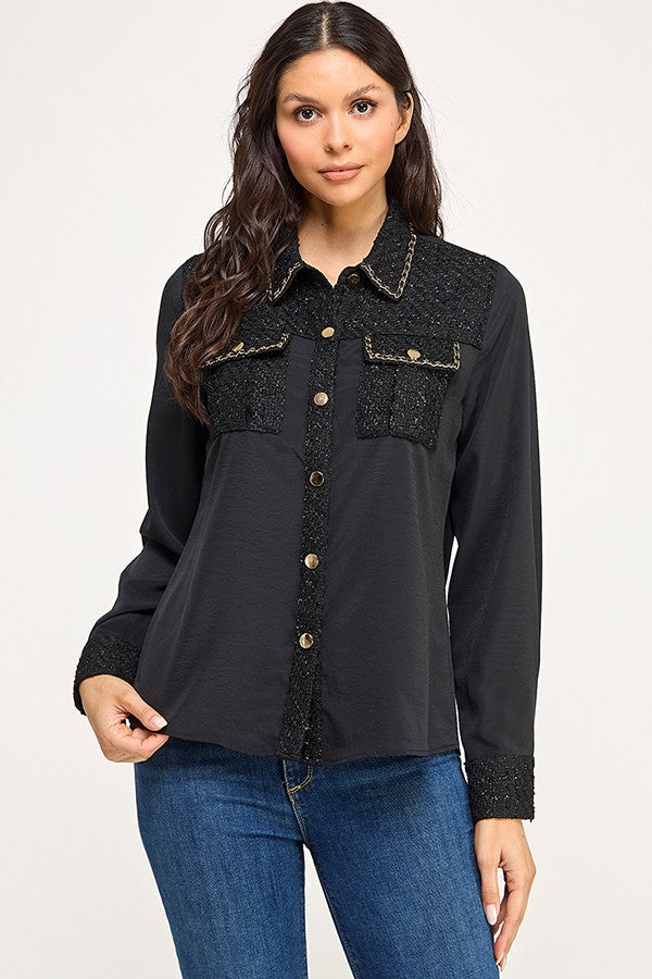 Long Sleeve Tweed Patch Work Button Up Shirt