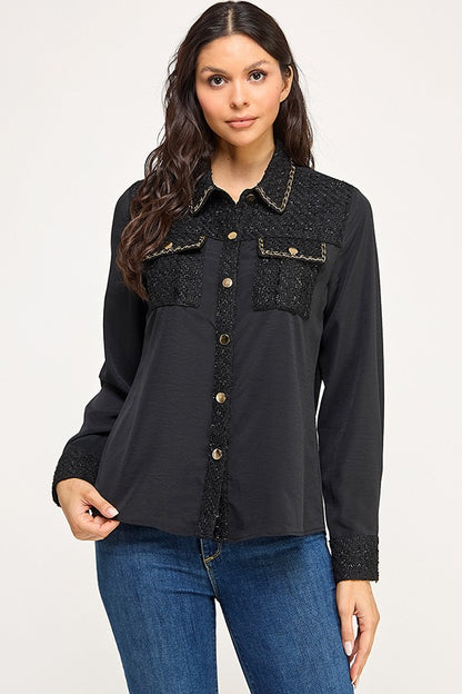 Long Sleeve Tweed Patch Work Button Up Shirt