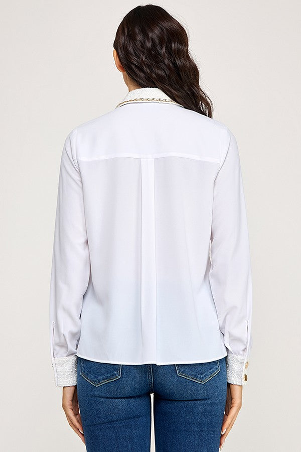 Long Sleeve Tweed Patch Work Button Up Shirt