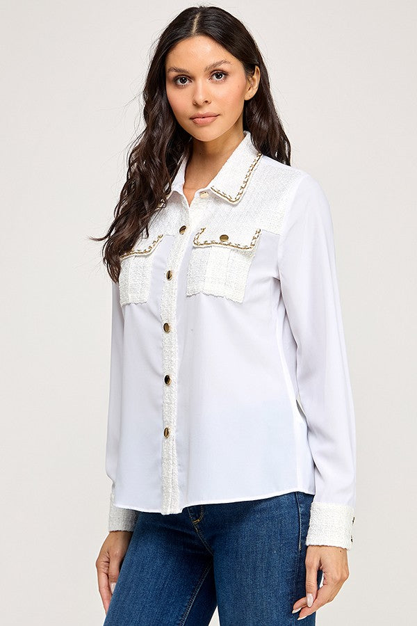 Long Sleeve Tweed Patch Work Button Up Shirt