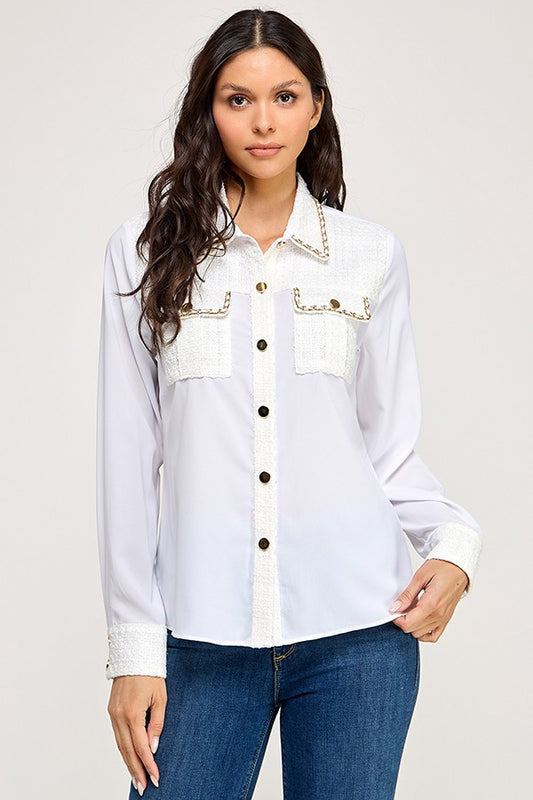 Long Sleeve Tweed Patch Work Button Up Shirt