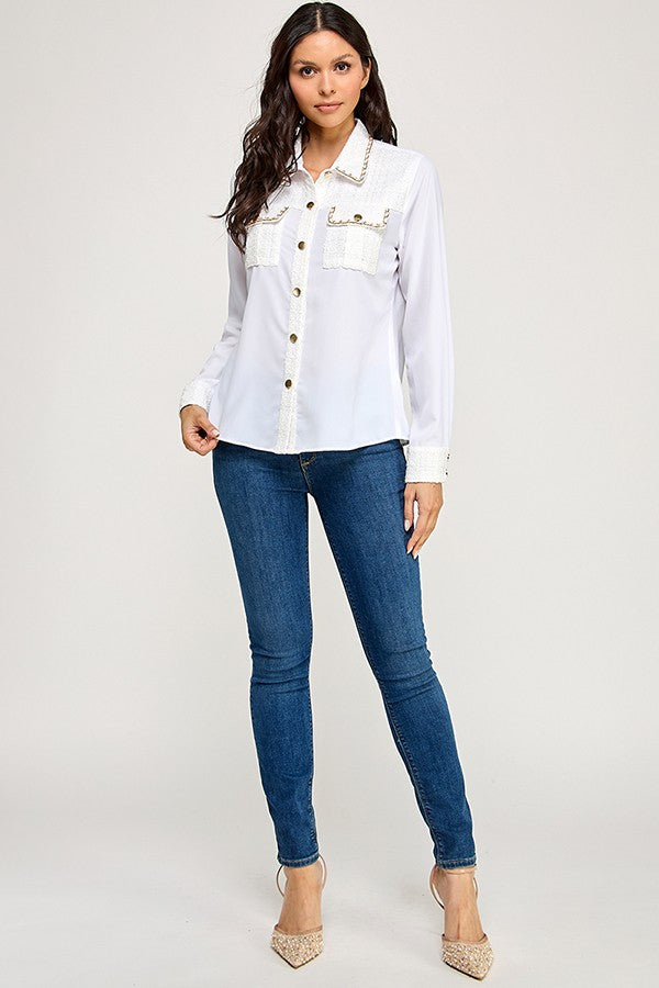 Long Sleeve Tweed Patch Work Button Up Shirt