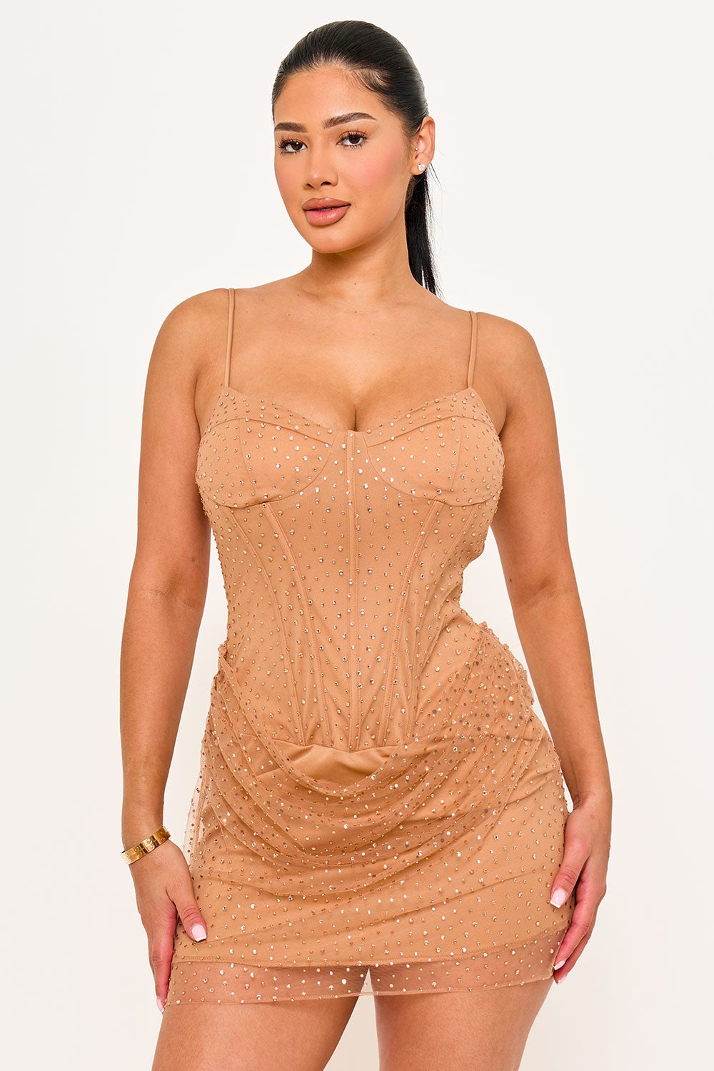 Rhinestone On Overlay Mesh Mini Dress S Rhinestone On Overlay Mesh Mini Dress S