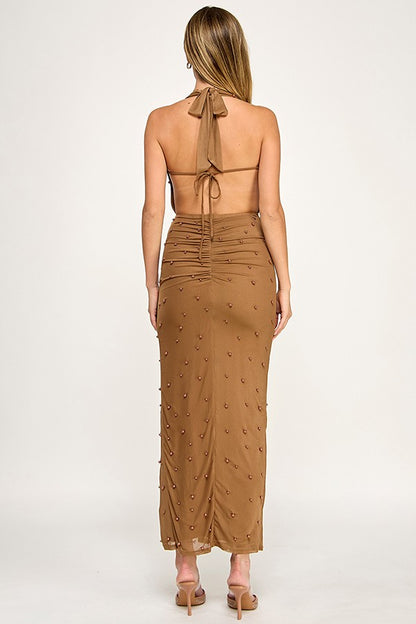 Cowl Neck Maxi Dress With Pearls