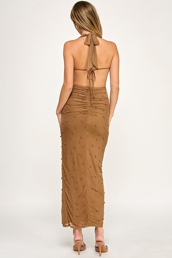 Cowl Neck Maxi Dress With Pearls