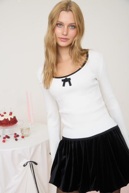 Contrast Trim Front Bow Long Sleeve Knit Sweater