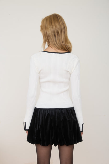 Contrast Trim Front Bow Long Sleeve Knit Sweater