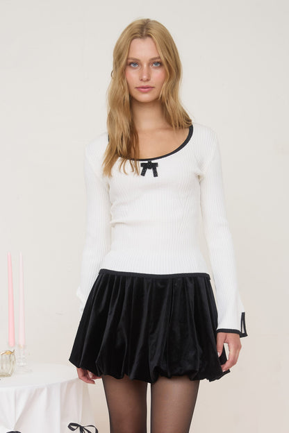 Contrast Trim Front Bow Long Sleeve Knit Sweater