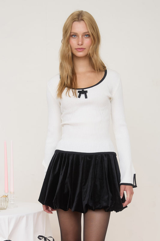 Contrast Trim Front Bow Long Sleeve Knit Sweater