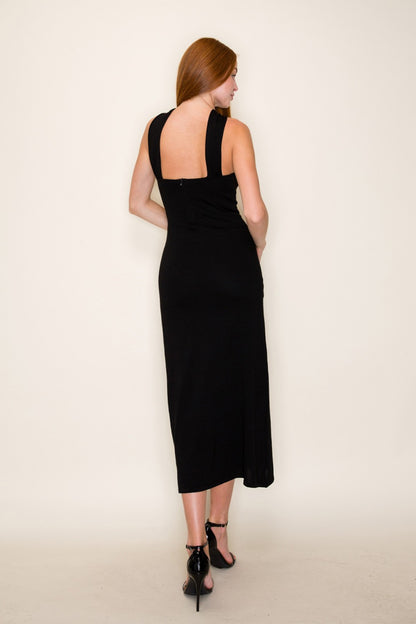 Knit Gold Buckle Neck Detail Sleeveless Midi Dress