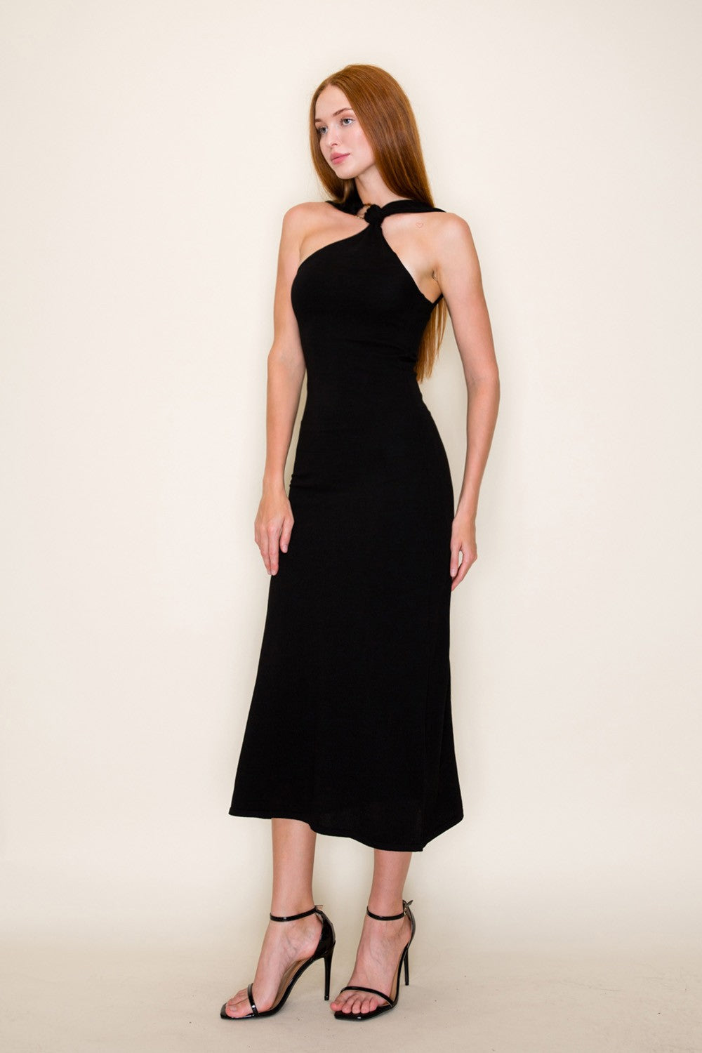 Knit Gold Buckle Neck Detail Sleeveless Midi Dress