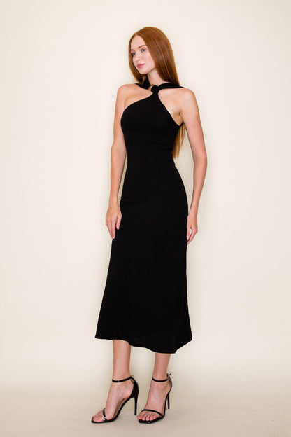 Knit Gold Buckle Neck Detail Sleeveless Midi Dress