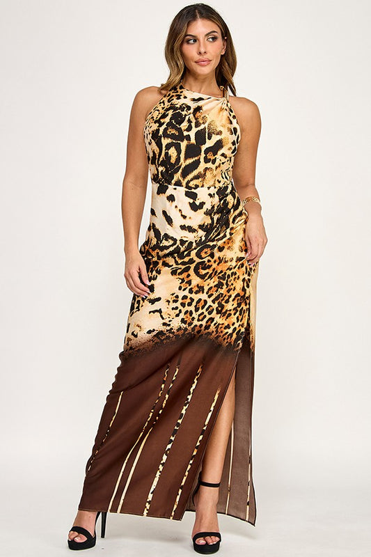 Leopard High Neck Gold Trim Printed Maxi Dress