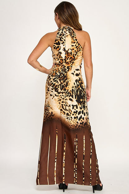 Leopard High Neck Gold Trim Printed Maxi Dress