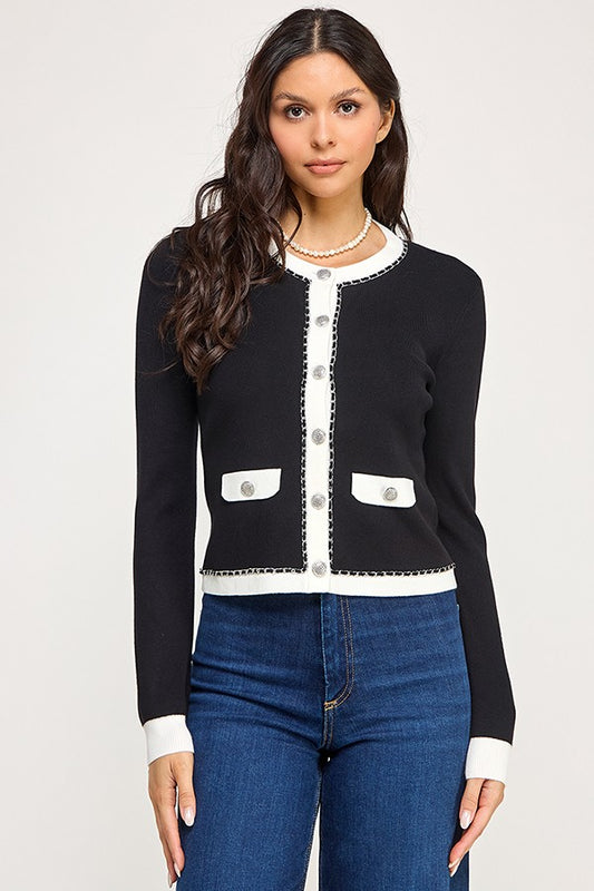 Chain Trim Detail Button Down Long Sleeve Sweater
