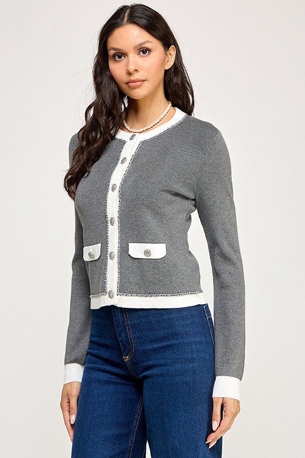 Chain Trim Detail Button Down Long Sleeve Sweater