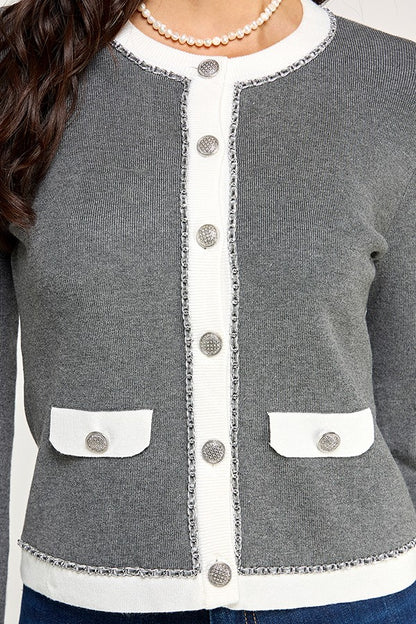 Chain Trim Detail Button Down Long Sleeve Sweater
