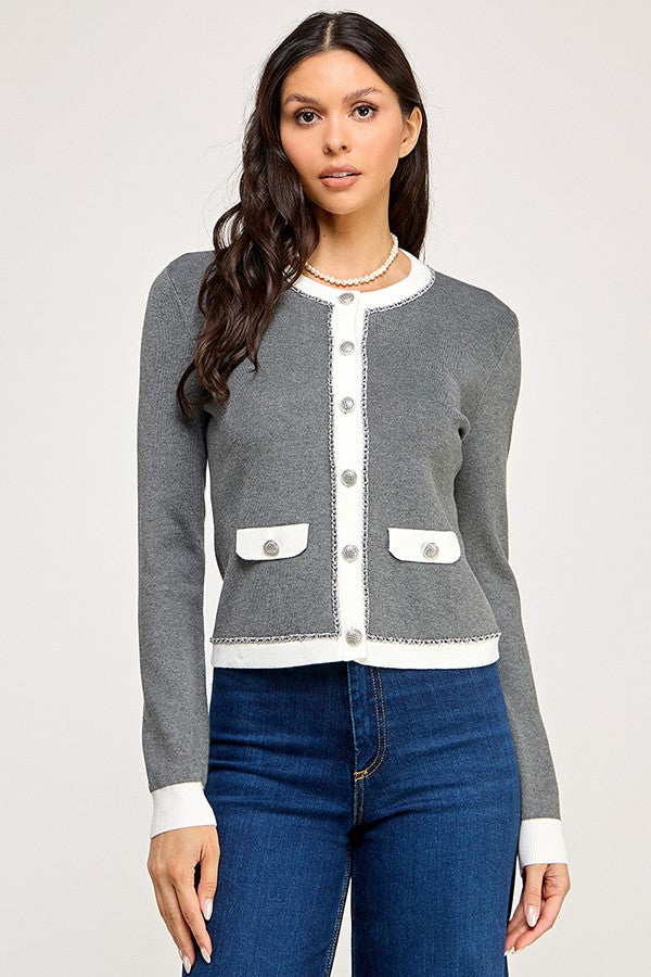 Chain Trim Detail Button Down Long Sleeve Sweater