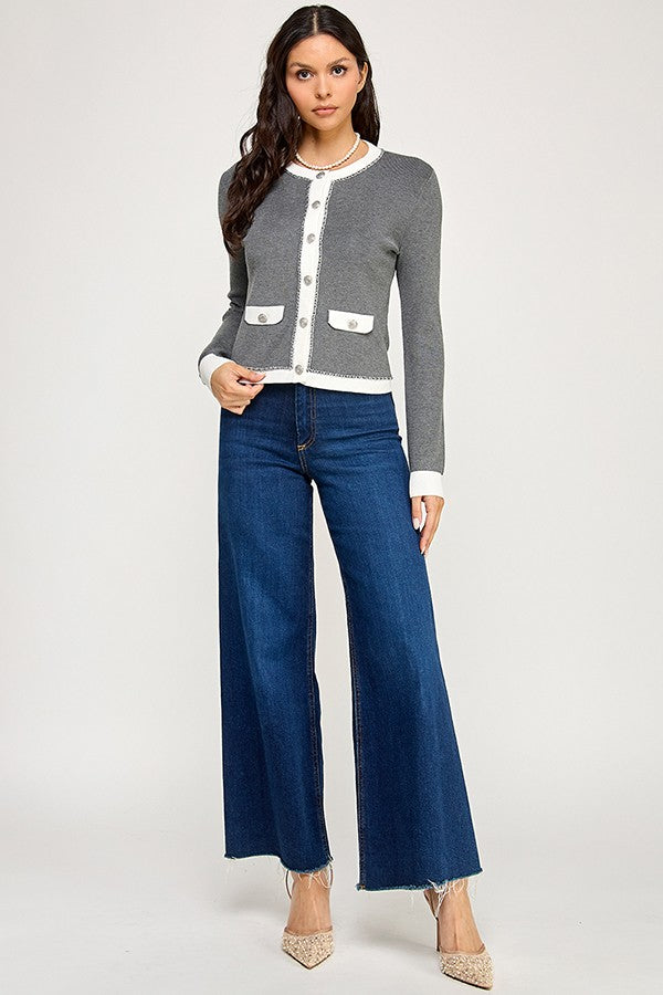 Chain Trim Detail Button Down Long Sleeve Sweater
