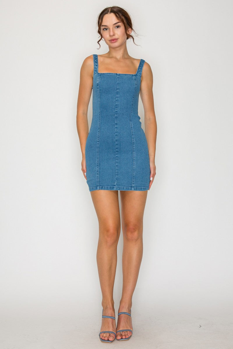 Elastic Cutout Square Fitted Denim Dress