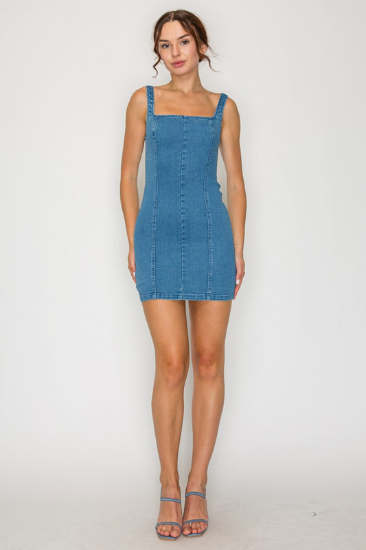 Elastic Cutout Square Fitted Denim Dress