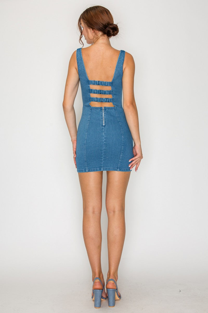 fitted denim dress Elastic Cutout Square Fitted Denim Dress Denim / Large