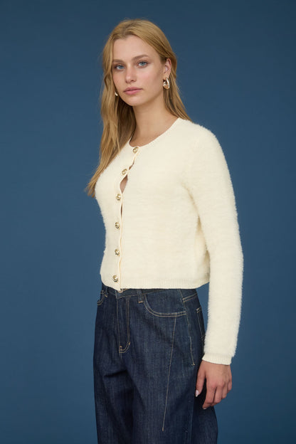 Gold Button Down Fuzzy Knit Cardigan